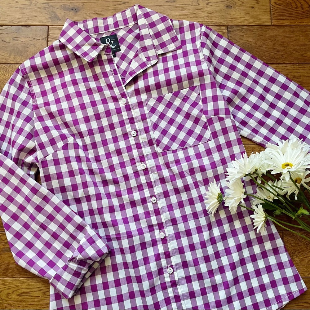 NWOT Ampersand Ave Purple Gingham Shirt
